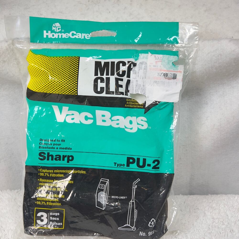 Home Care Sharp PU-2 Vacuum 3 Bags 075638009695 w MicroLiner Captures 99.7% Part